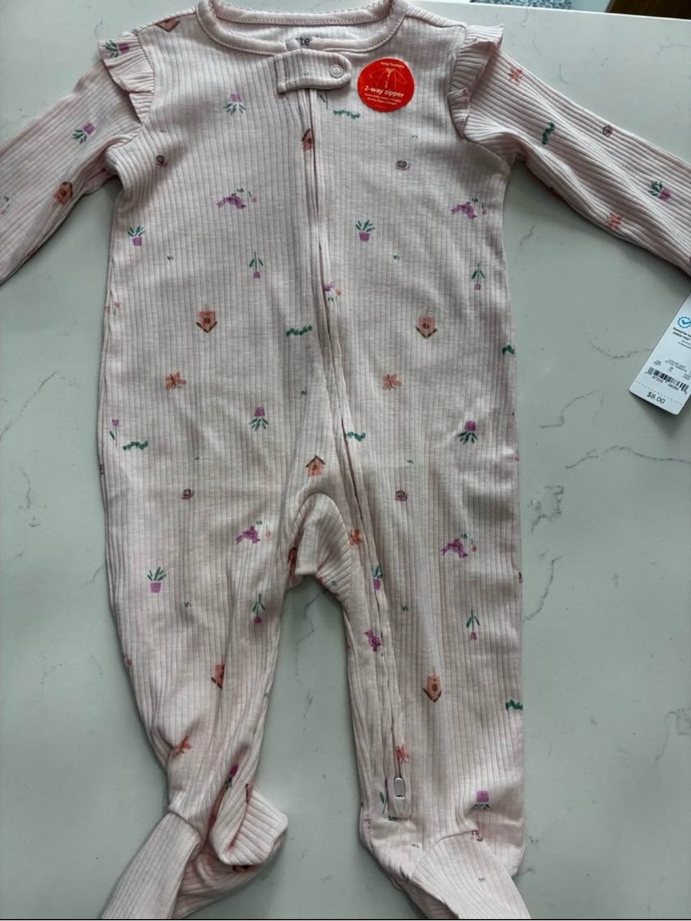 Carter's Light Pink Floral Ribbed Footed One-Piece